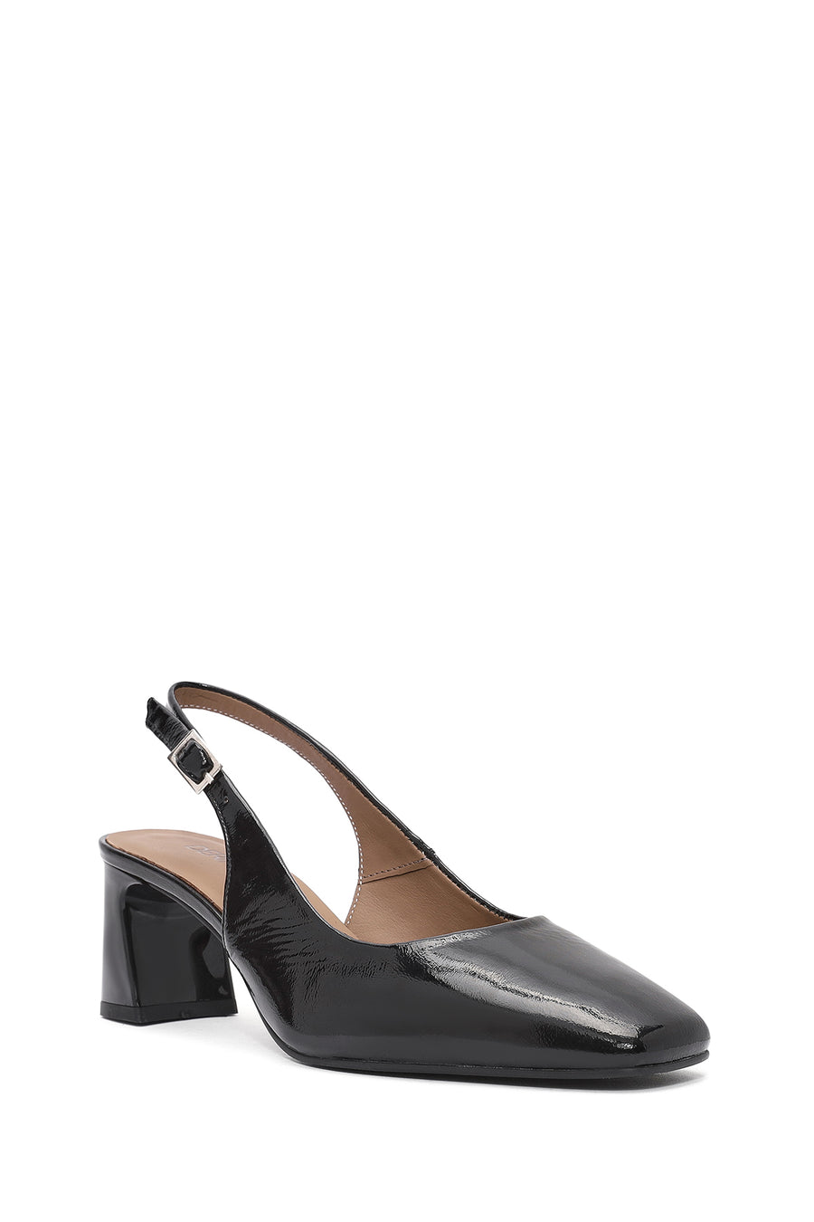 Women's Black Ankle Buckle Slingback Heeled Patent Leather Shoes