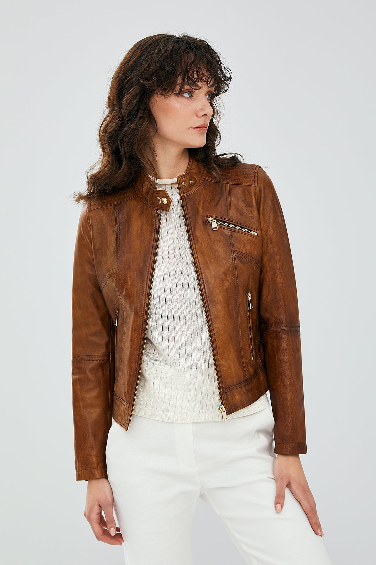 Kylie Women's Camel Short Leather Jacket 20SGE5352NC | Derimod