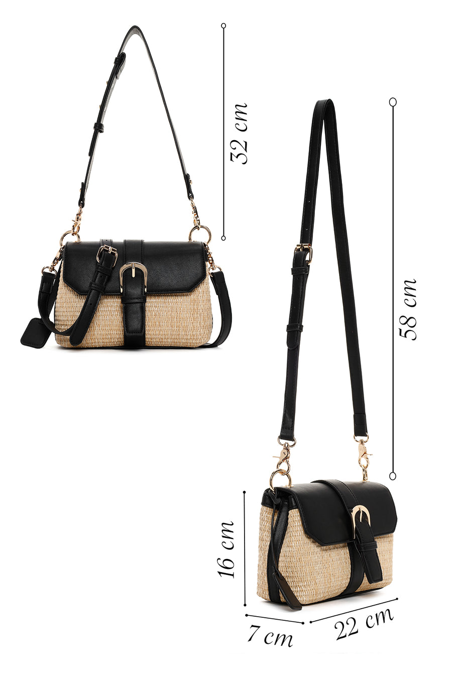 Women's Black Long Strap Straw Shoulder Bag