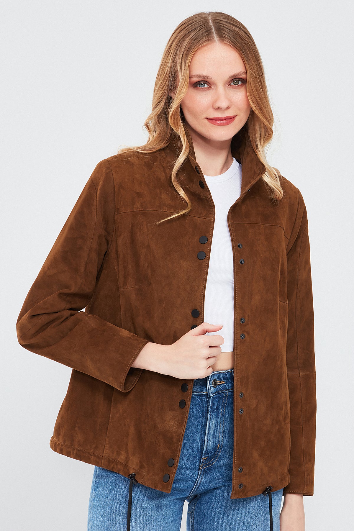 Lopez Women's Brown Oversize Suede Leather Jacket 24SGE518110 | Derimod