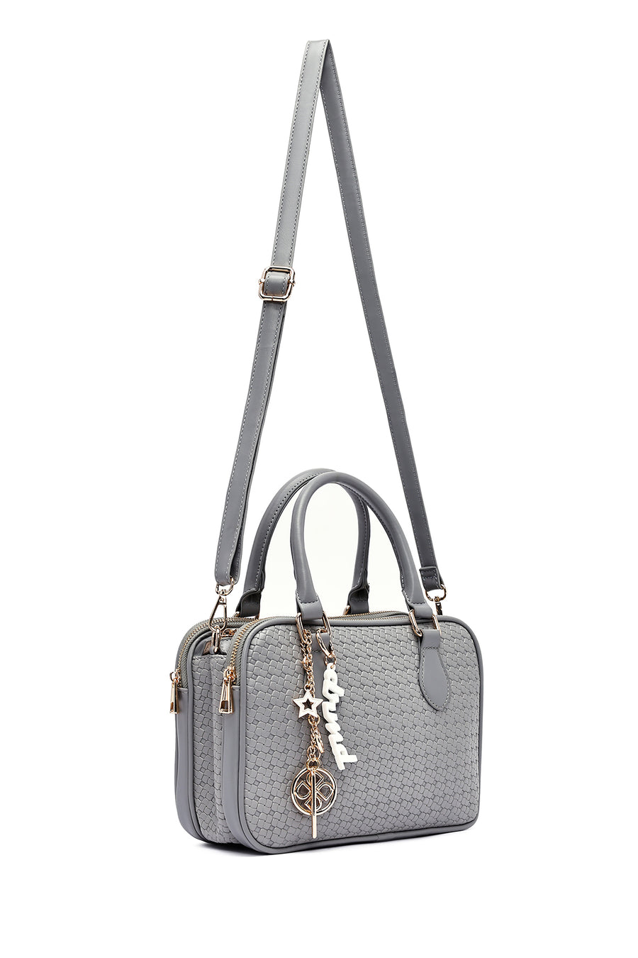 Woman Grey Long Strap Printed Charm Shoulder Bag