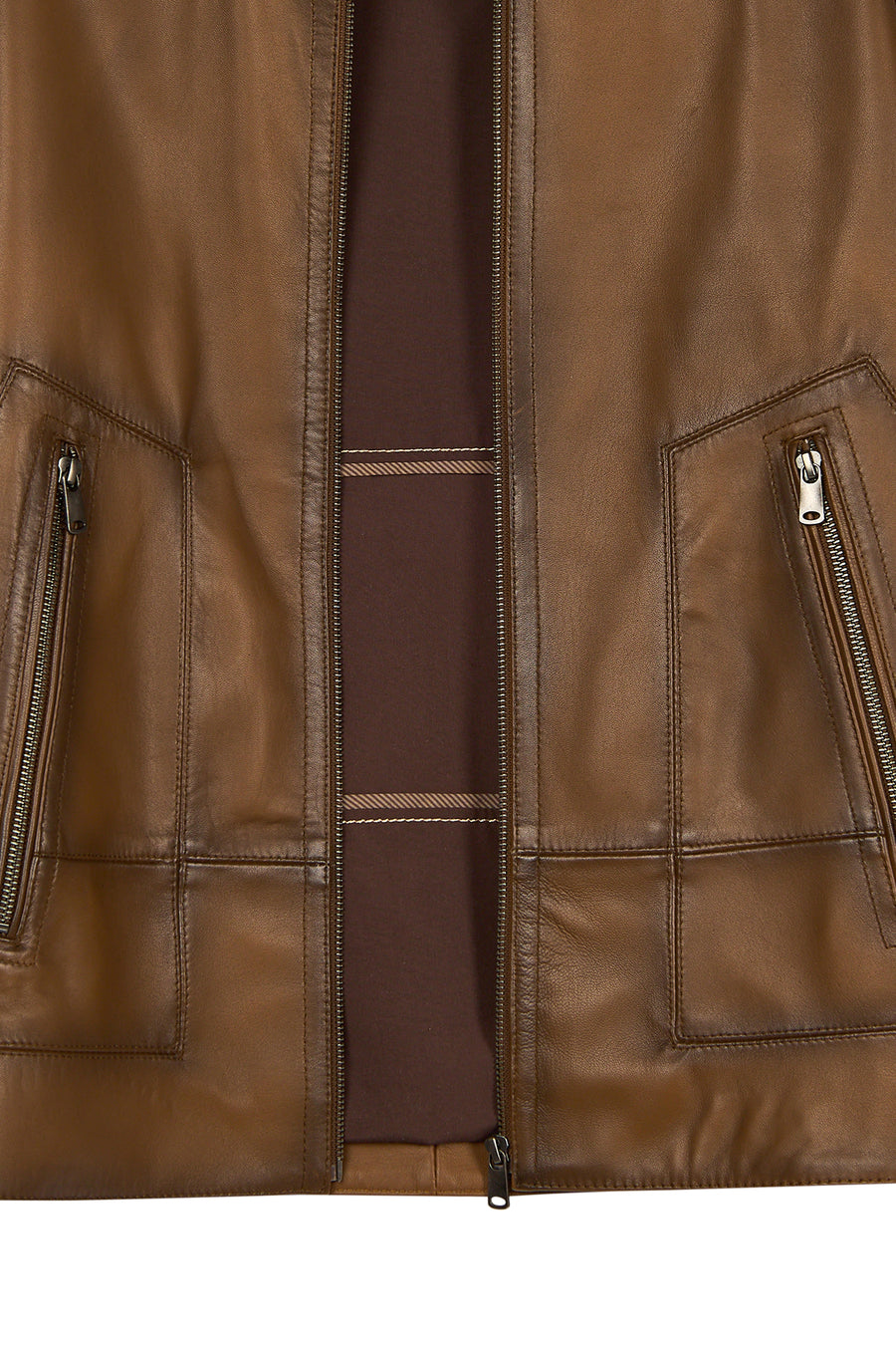 King Male Brown Stand Collar Leather Jacket
