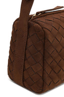 Woman Brown Long-Strap Woven Suede Crossbody Bag | Derimod