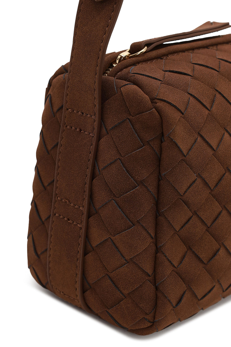 Woman Brown Long-Strap Woven Suede Crossbody Bag