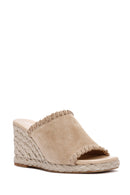 Women's Beige Wedge Heeled Suede Leather Espadrille Slippers | Derimod