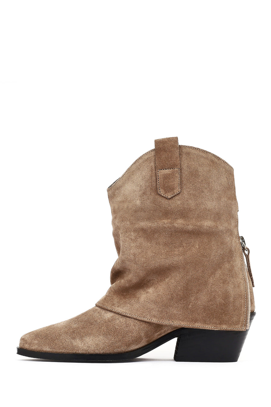 Women's Beige Short Thick Heel Suede Leather Cowboy Boot