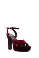 Women's Burgundy Ankle Buckle Platform High Thick Heel Velvet Sandals | Derimod