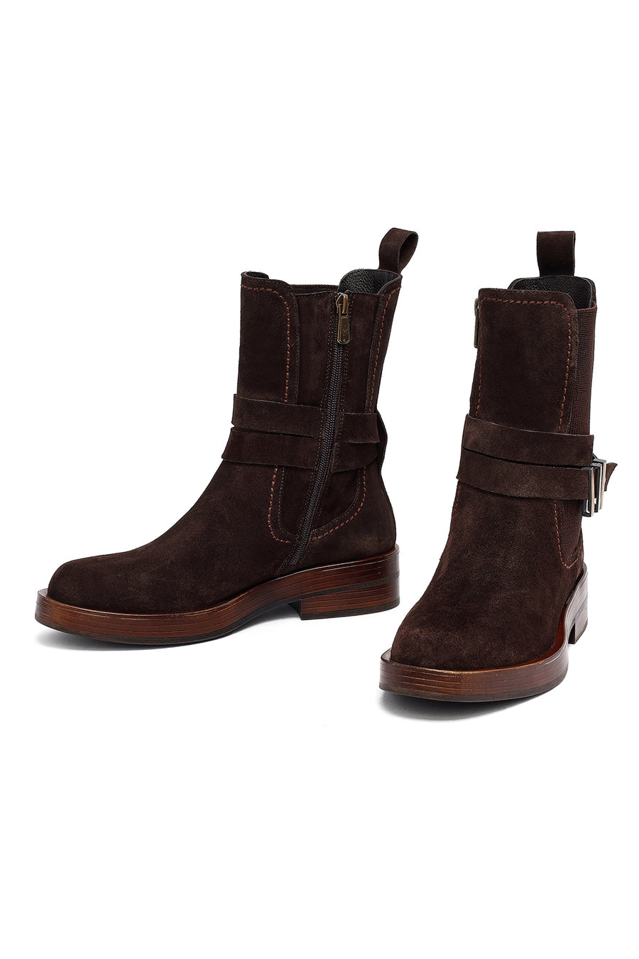 Woman Brown Zippered Suede Leather Boat