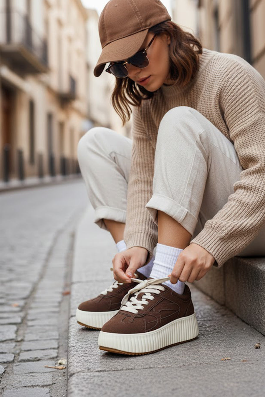 Woman Brown Lace-Up Thick-Soled Suede Sneaker