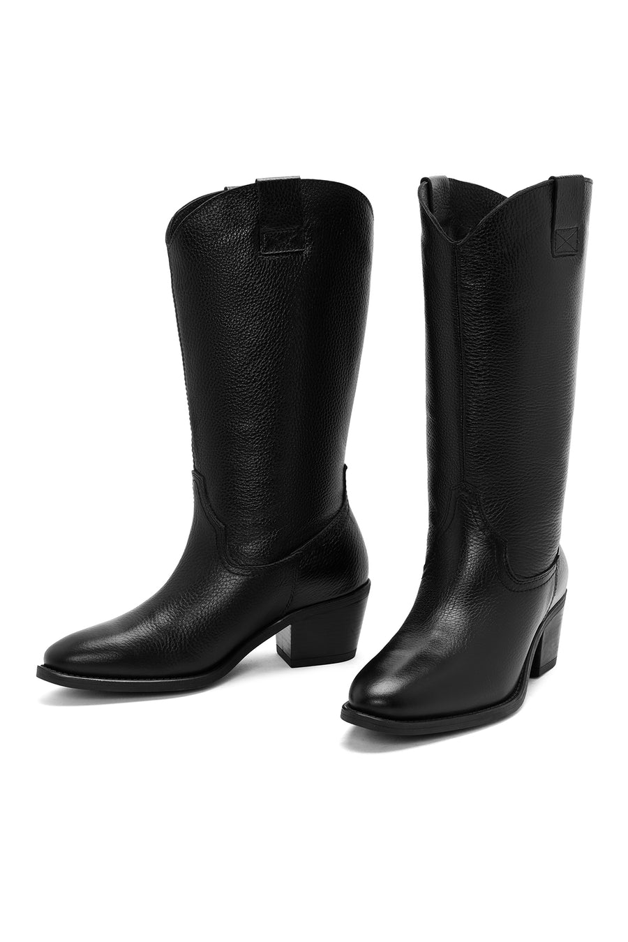 Woman Black Chunky Heels Leather Cowboy Boots