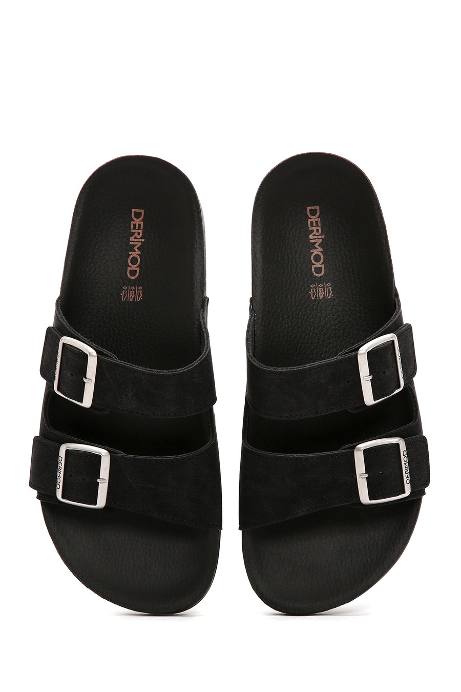 Men's Black Double Buckle Suede Leather Slippers