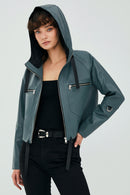 Stella Women's Petrol Green Oversize Hooded Short Leather Jacket | Derimod