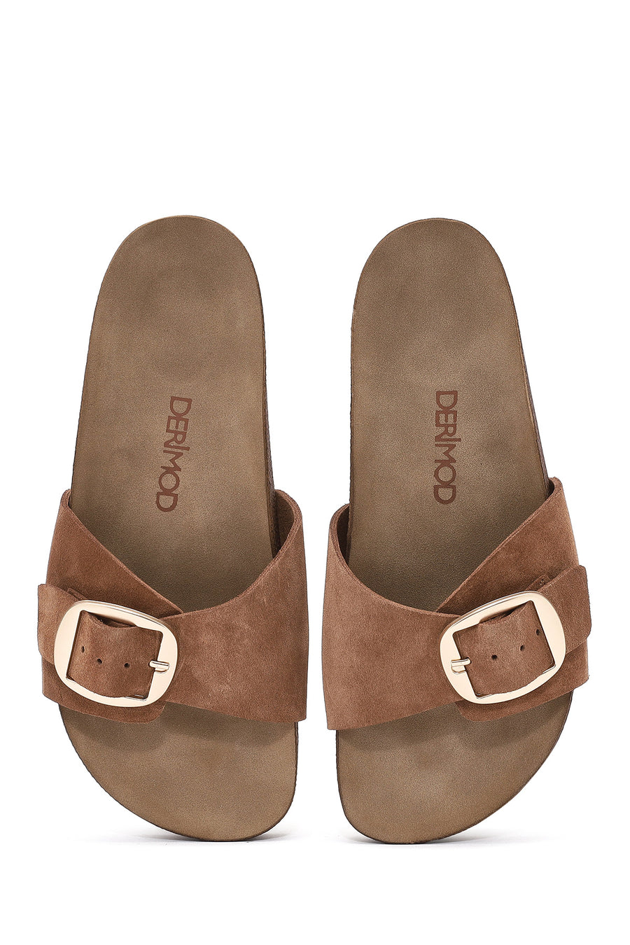Women's Brown Buckle Suede Leather Slippers