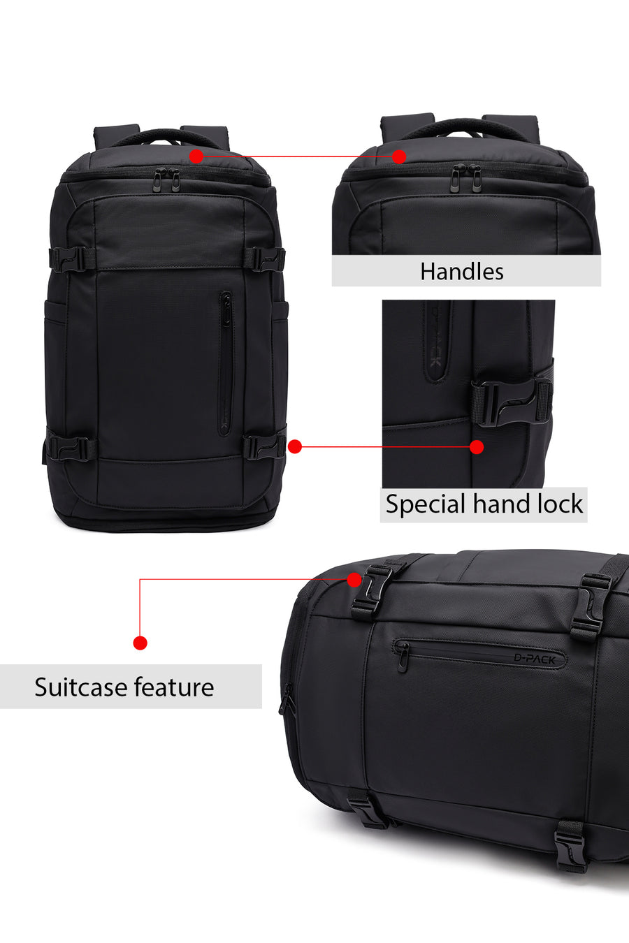 D-Pack Unisex Black Fabric Backpack