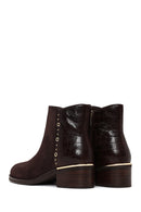 Woman Brown Zip Closure Crocodile Pattern Chunky Heeled Suede Boots | Derimod