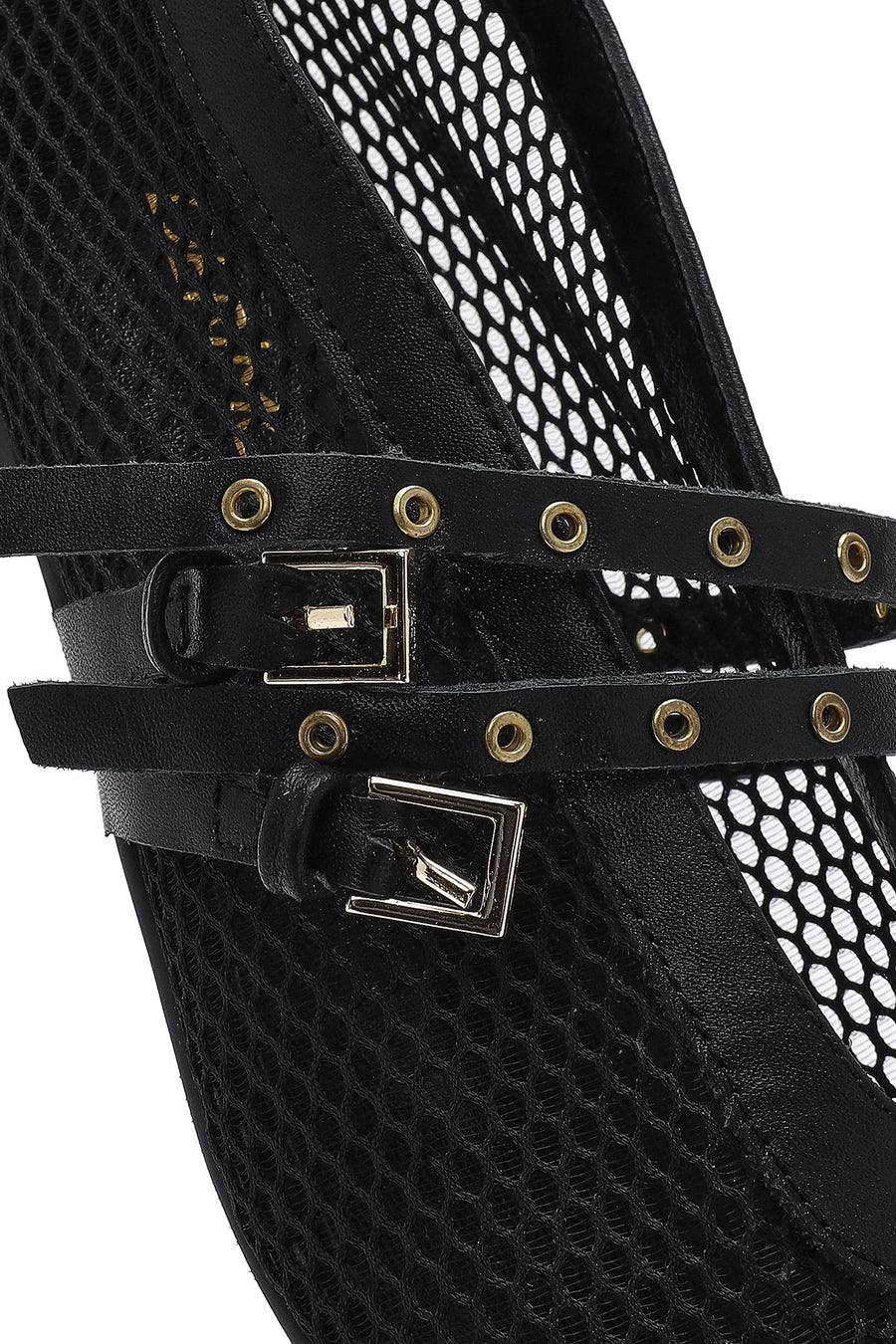 Women's Black Buckled Mesh Fabric Ballerinas
