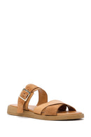 Women's Tan Buckle Leather Slippers | Derimod