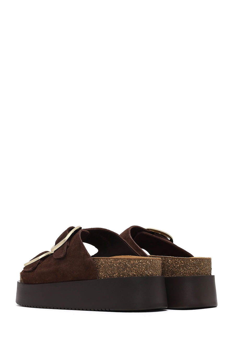 Women's Brown Double Buckle Thick Sole Suede Leather Slippers