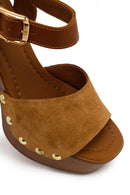 Woman Tan Ankle-Buckle Platform High Thick-Heeled Suede Sandal | Derimod