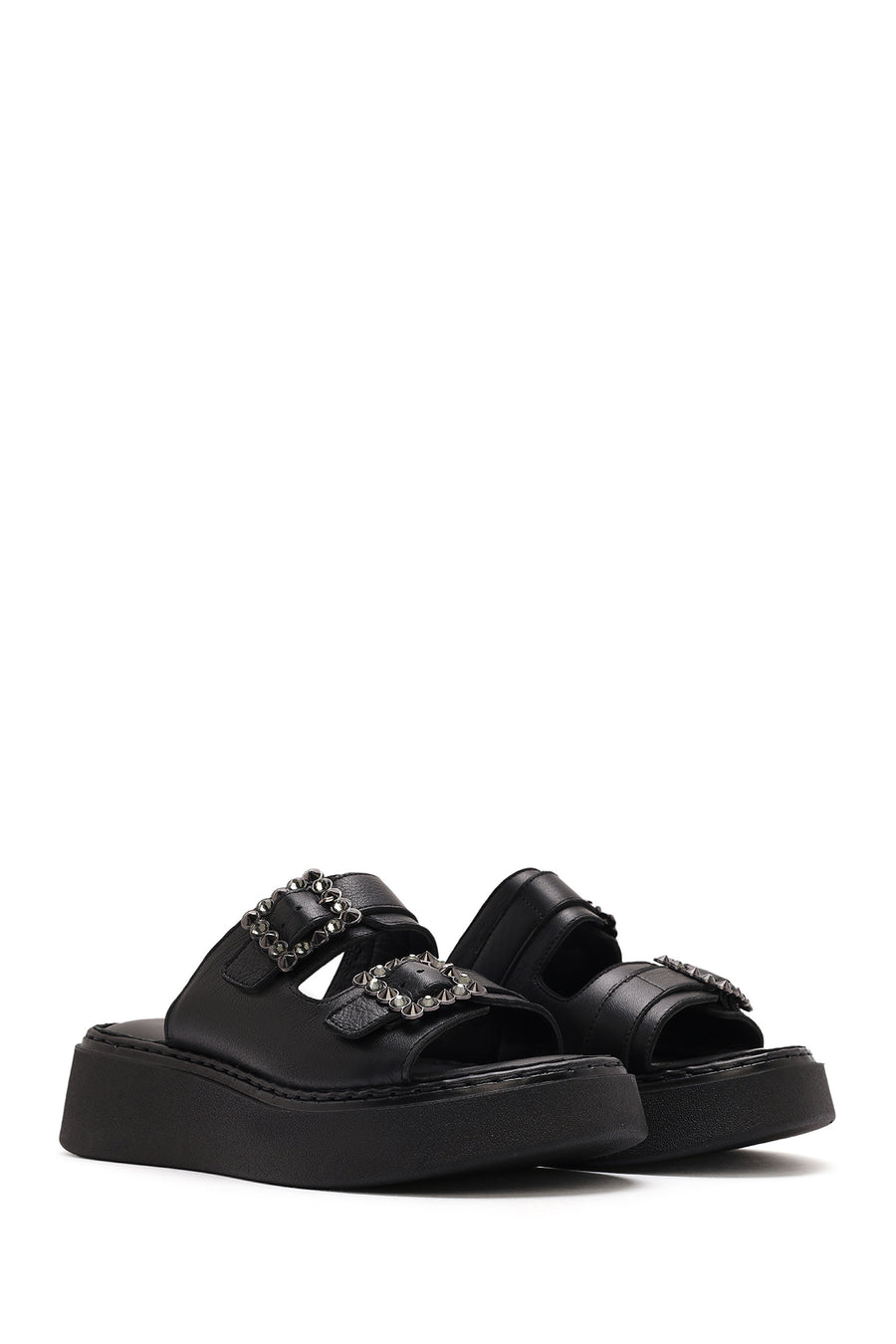 Women's Black Double Buckle Thick-Soled Leather Comfort Slippers