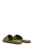 Women's Green Suede Leather Knitted Flat Slippers | Derimod