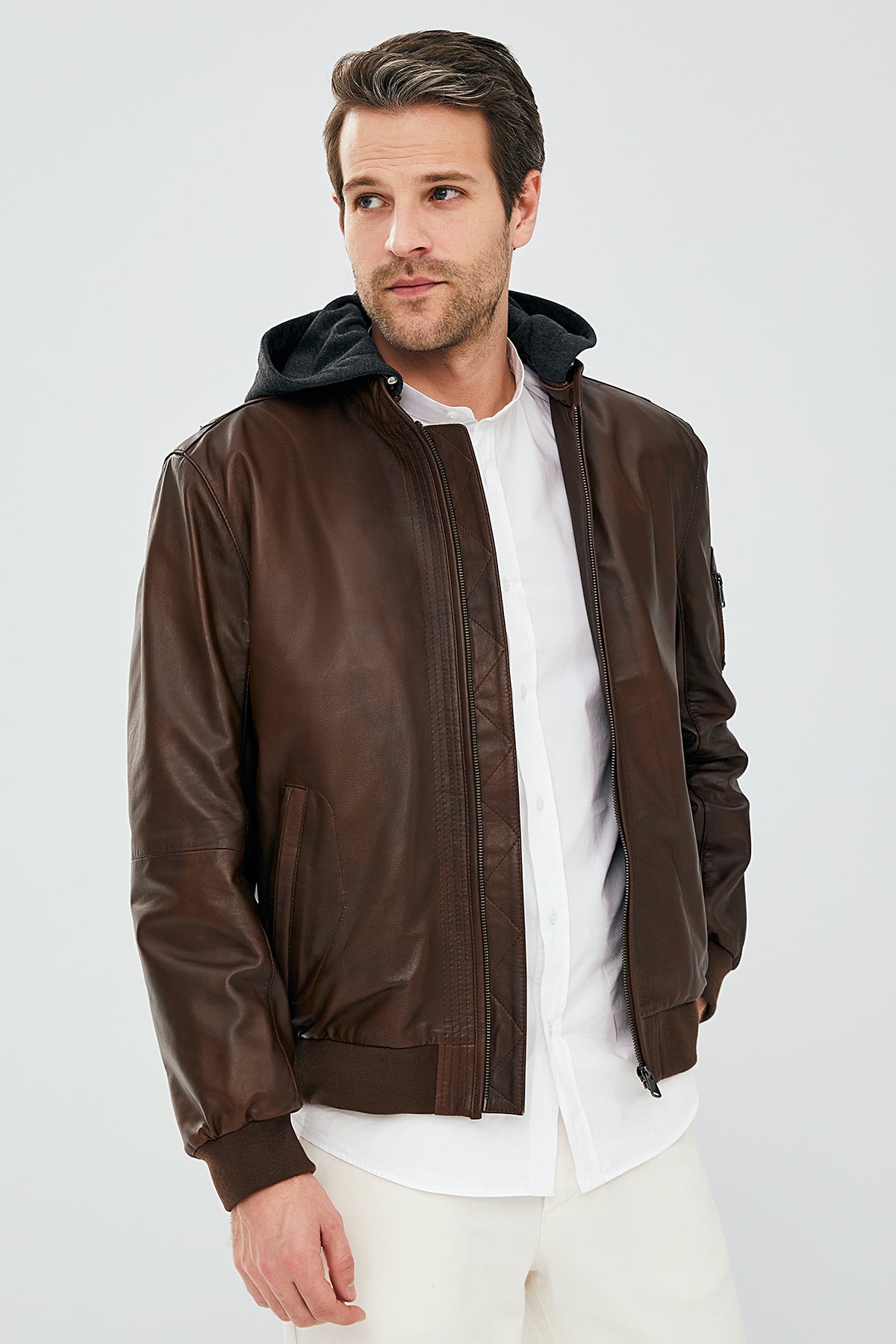 Garry Men's Cognac Hooded Leather Coat 22WGE647147 | Derimod