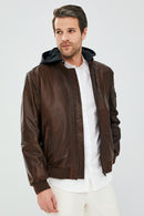 Garry Men's Cognac Hooded Leather Coat | Derimod