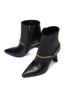 Women's Black Leather Zippered Chain Heeled Classic Boots | Derimod