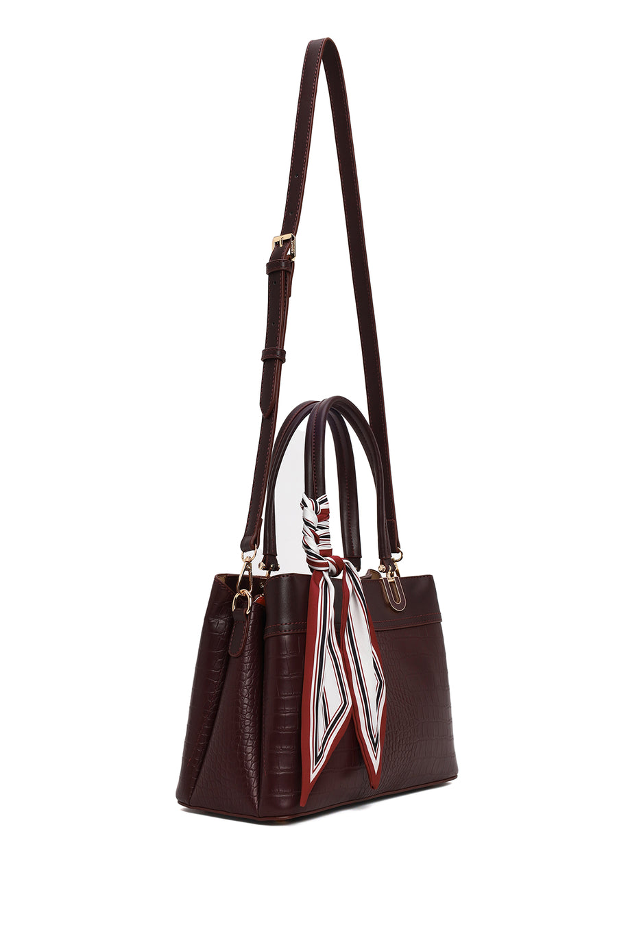 Woman Burgundy Long-Strap Accessorized Croc-Embossed Shoulder Bag