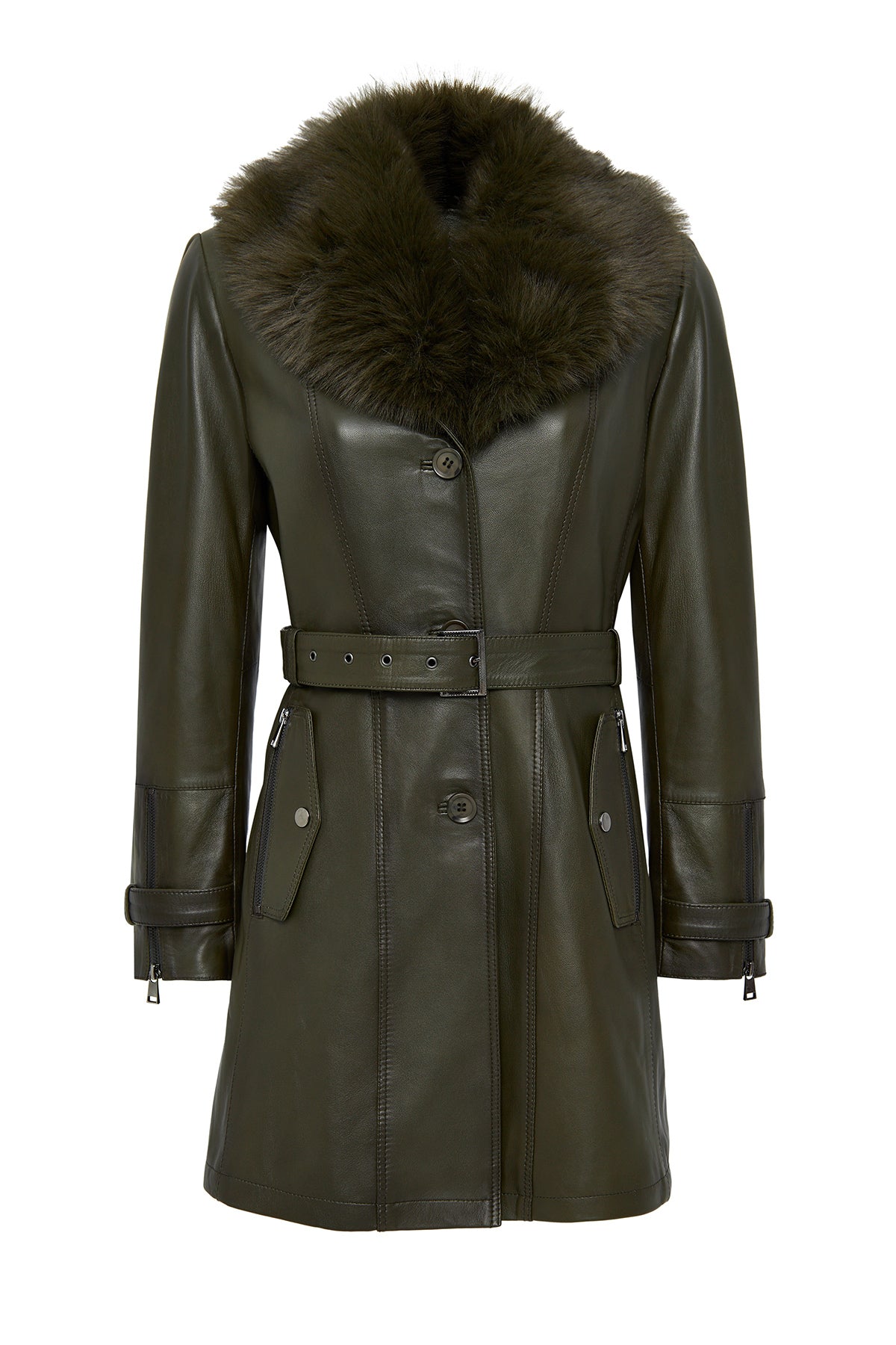 Rhoda Women's Khaki Collar Fur Belt Detailed Leather Coat 24WGE588647 | Derimod