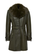 Rhoda Women's Khaki Collar Fur Belt Detailed Leather Coat | Derimod