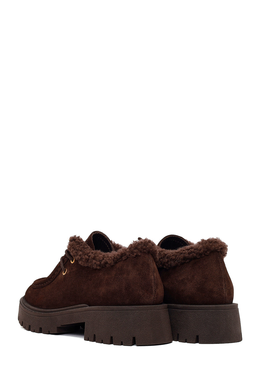 Woman Brown Lace-Up Fur-Detail Thick-Soled Suede Casual Shoes