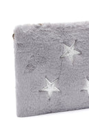 Women's Gray Long Chain Strap Star Pattern Plush Clutch Bag | Derimod