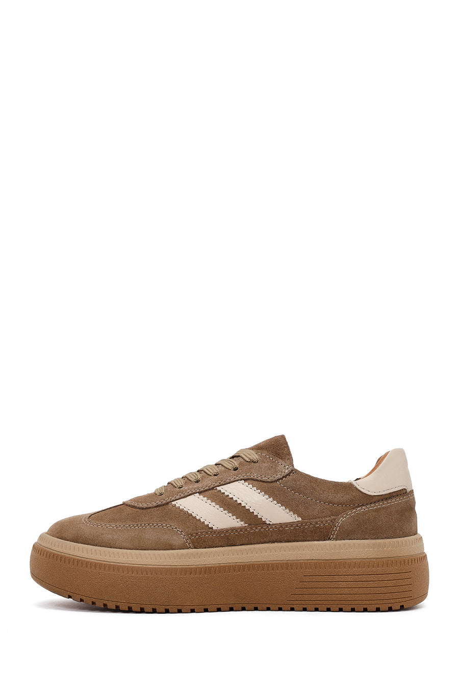 Woman Tan Lace-Up Thick-Soled Suede Leather Sneaker