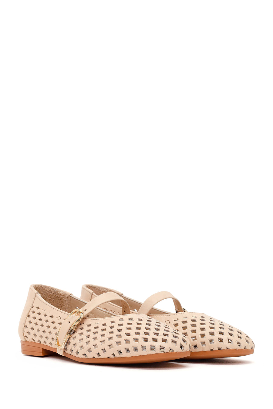 Women's Beige Buckled Leather Ballerinas