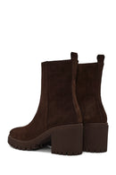 Woman Brown Zip Closure Chunky-Heeled Suede Leather Boots | Derimod