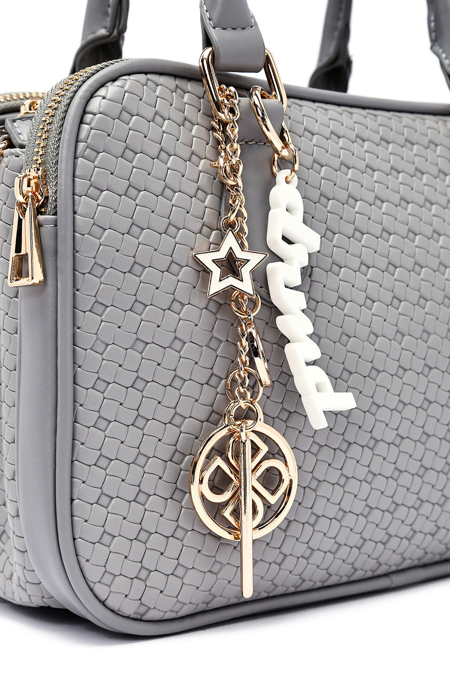 Woman Grey Long Strap Printed Charm Shoulder Bag