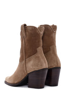 Women's Tan Zippered Suede Leather Cowboy Boots | Derimod