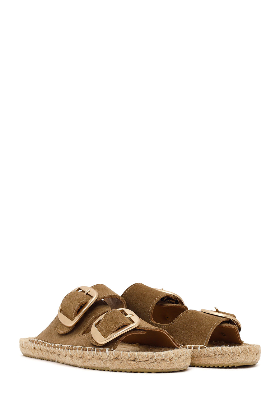 Women's Brown Buckled Suede Leather Espadrille Slippers
