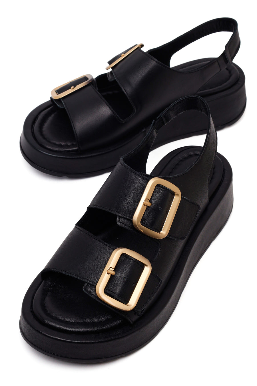 Woman Black Double-Buckle Thick-Soled Leather Comfort Sandals