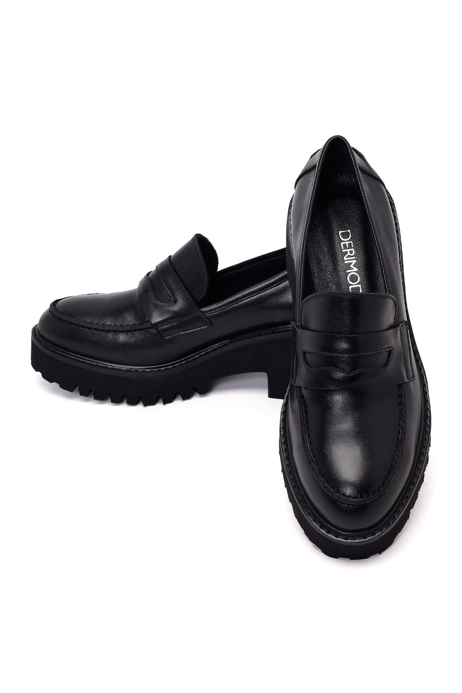 Kadın Siyah Kalın Topuklu Deri Maskülen Loafer