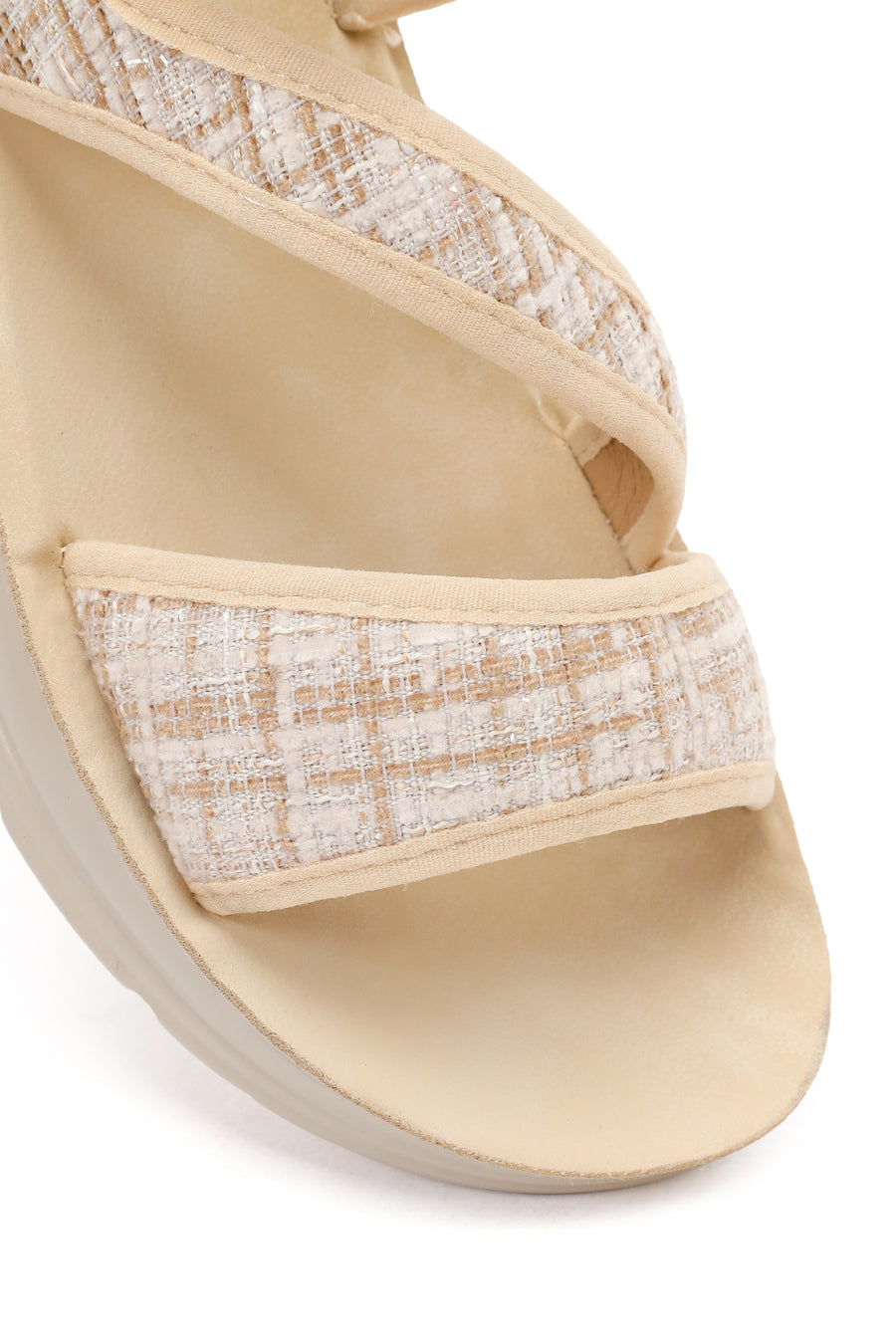 Women's Beige Chunky Sole Patterned Fabric Sandals
