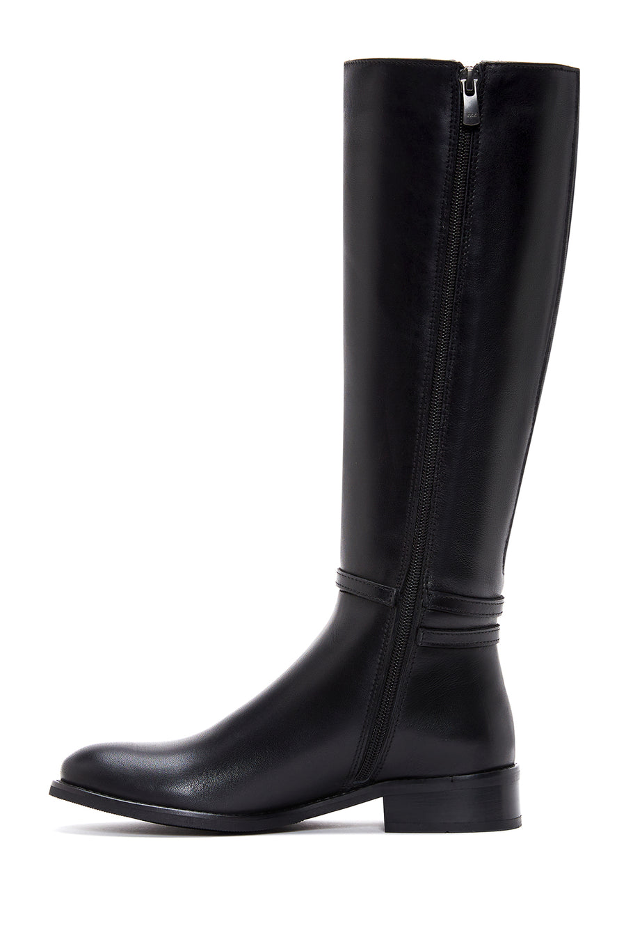 Woman Black Zippered Buckle Detail Leather Boot