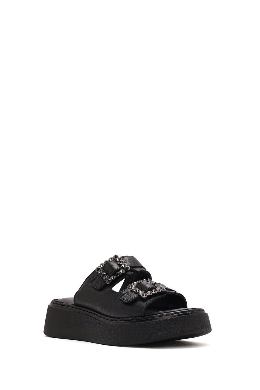 Women's Black Double Buckled Thick Soled Leather Comfort Slippers