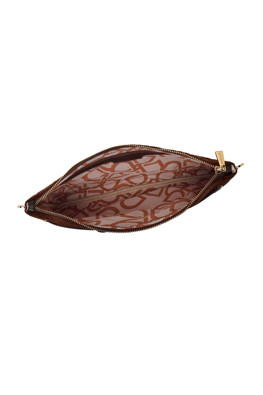 Woman Brown Printed Suede Clutch Bag with Long Chain Strap