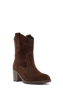 Women's Brown Chunky Heel Suede Leather Cowboy Boots | Derimod