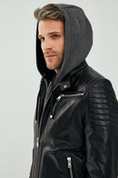 Danger Black Men's Hooded Sports Leather Jacket | Derimod