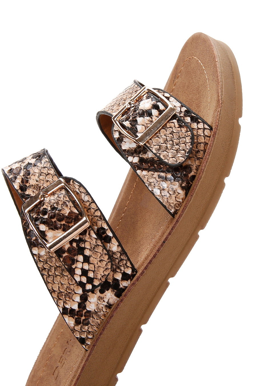 Women's Brown Double Buckled Patterned Slippers