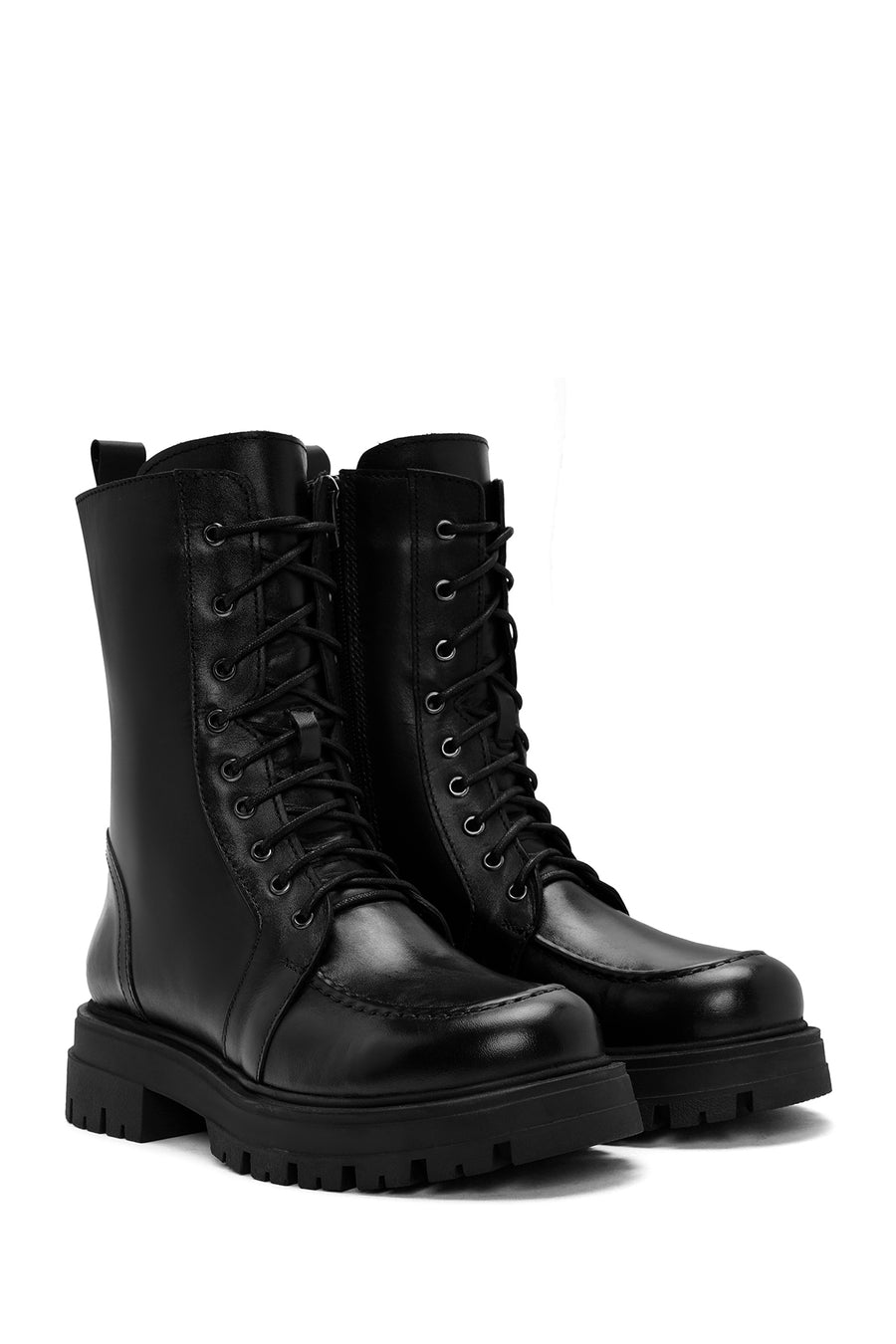 Women's Black Lace-Up Zipper Detailed Leather Combat Boots