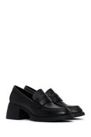 Women's Black Thick Heeled Leather Masculine Loafer | Derimod